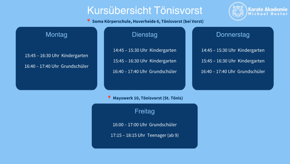 Wochenübersicht mit Uhrzeiten und Gruppen für Kindergarten und Grundschüler.