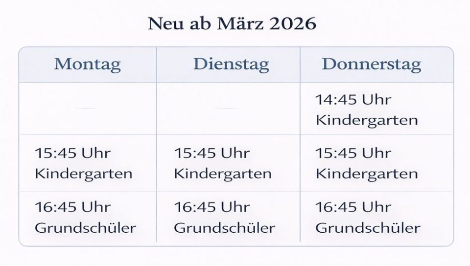 Wochenübersicht mit Uhrzeiten und Gruppen für Kindergarten und Grundschüler.